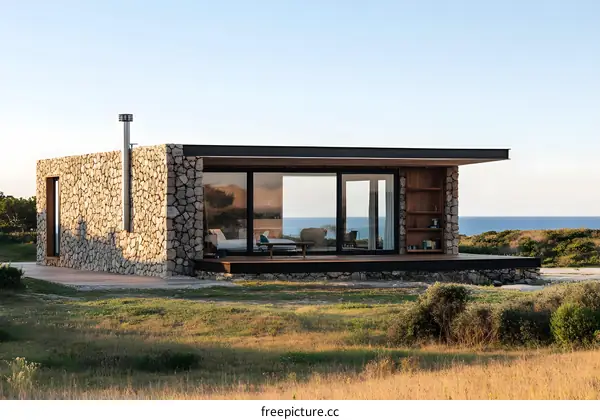 Modern Stone House With Large Windows Overlooking Ocean