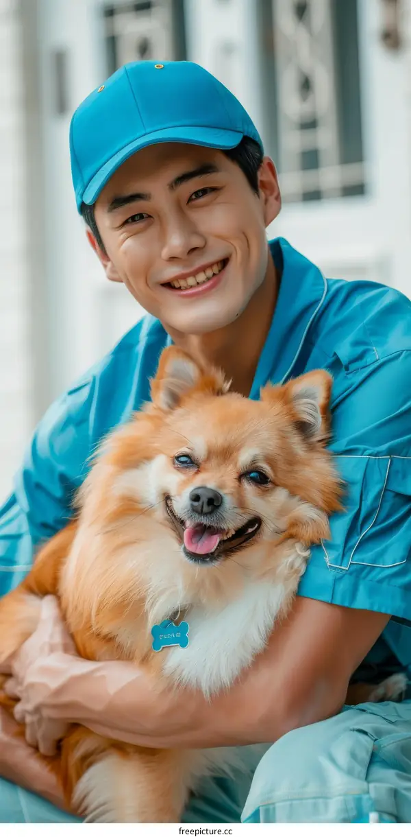 Asian man smiling and hugging a brown dog
