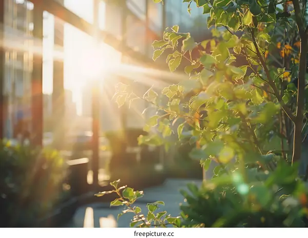 Sunlight Through Green Leaves in Urban Setting