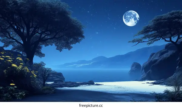 Moonlight Beach Scene at Night