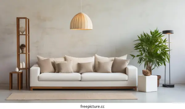 Minimalist living room interior with sofa, rug, plant and lamp
