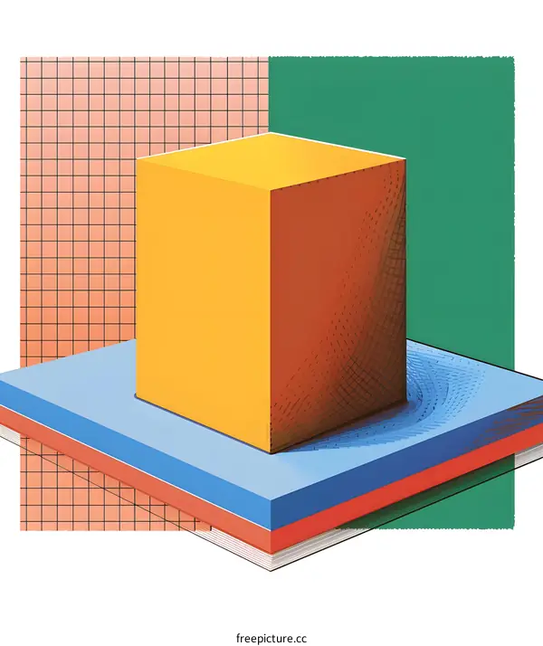 A yellow cube on a blue and red plane with a green background