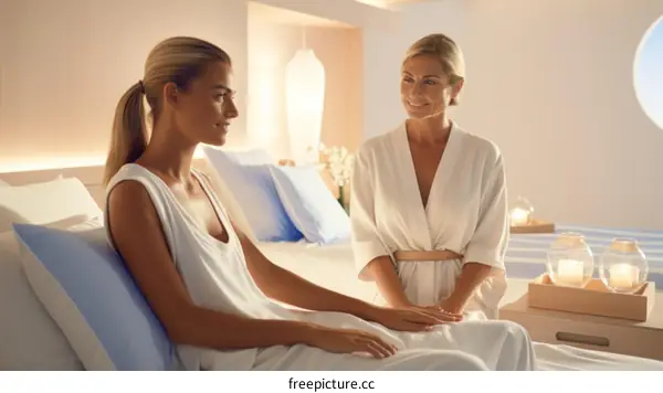 Two women in white robes talking in a luxurious room
