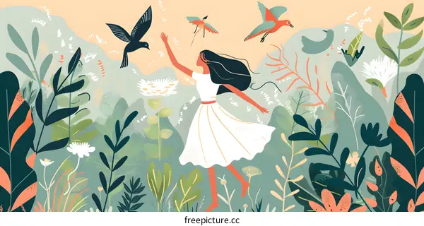 Woman Dancing in a Garden with Birds