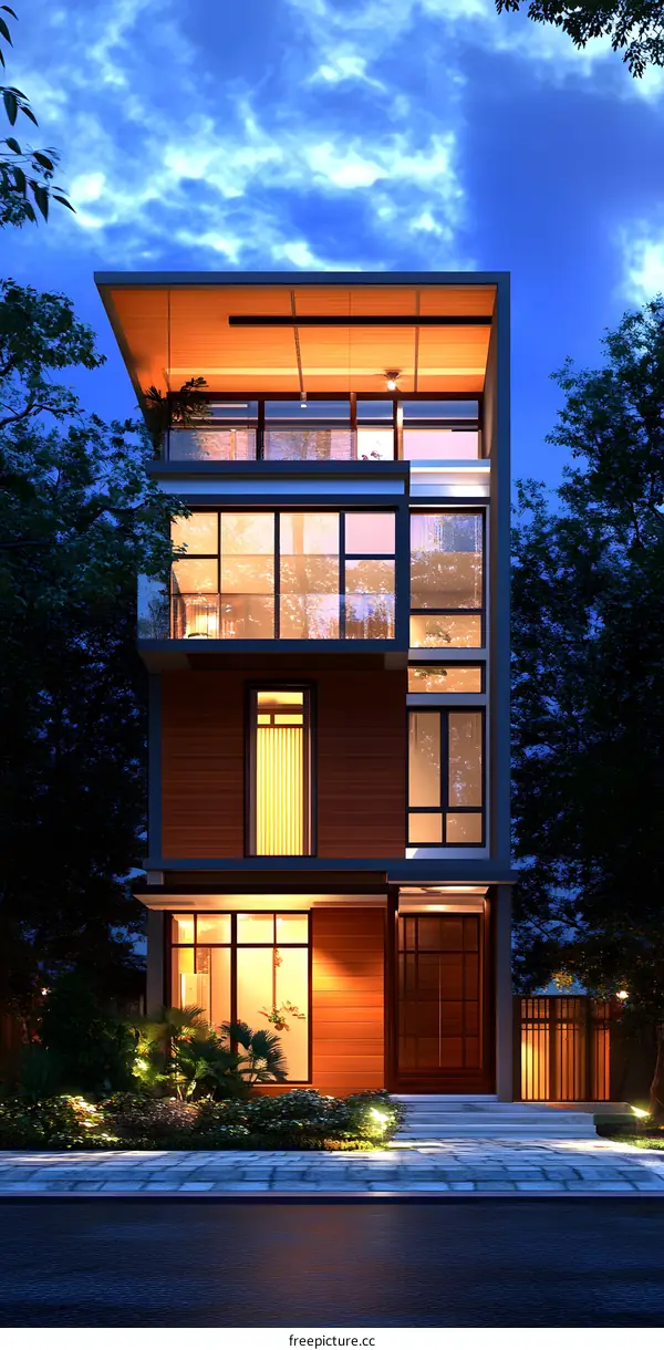 Modern House with Wooden Facade at Dusk