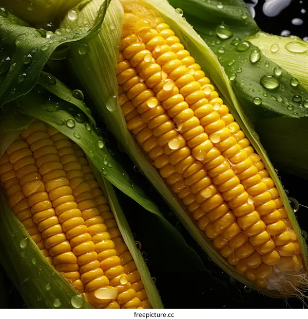 Close-up of fresh corns with green leaves