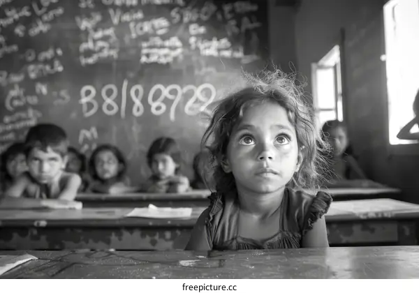 Little girl looking up in a classroom