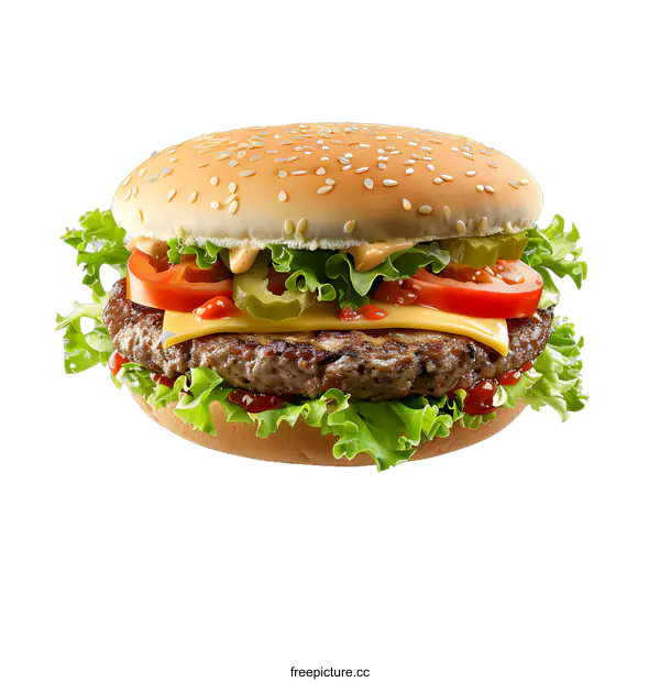 [Transparent Background PNG]Close Up of a Delicious Cheeseburger with Lettuce and Tomato