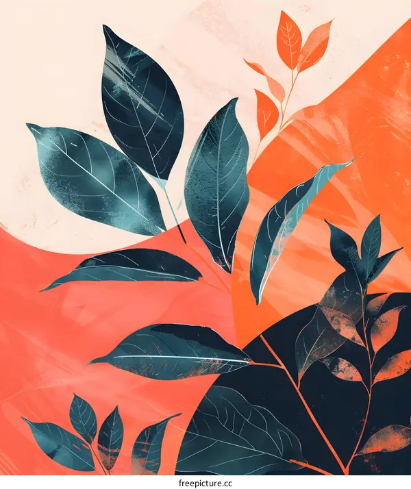 Abstract Minimalist Artwork With Green Leaves on Orange and Cream Background