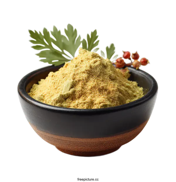 [Transparent Background PNG]Yellow Powder in Bowl with Herbs