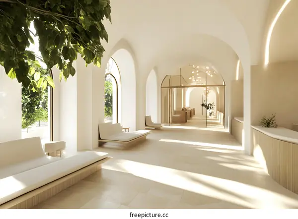 Modern Minimalist Lobby Interior Design with Arched Windows