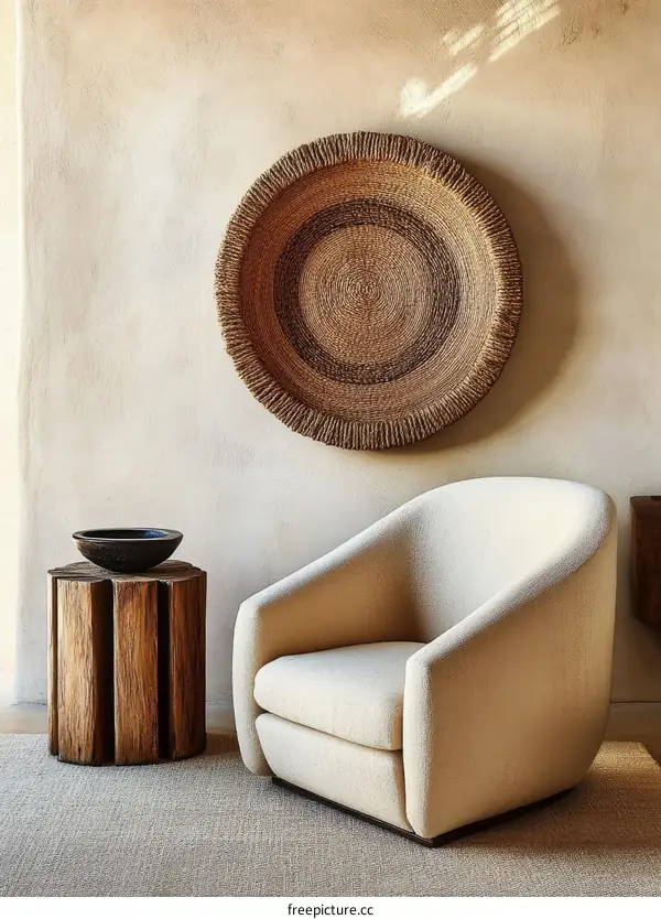 Beige Woven Basket and Modern Armchair Interior Design