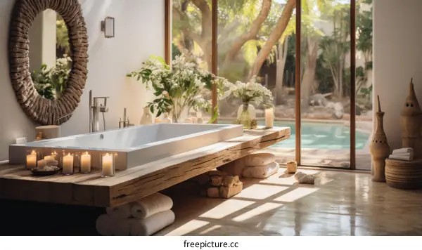 Bathroom with a large bathtub, wooden elements, and a view of the pool