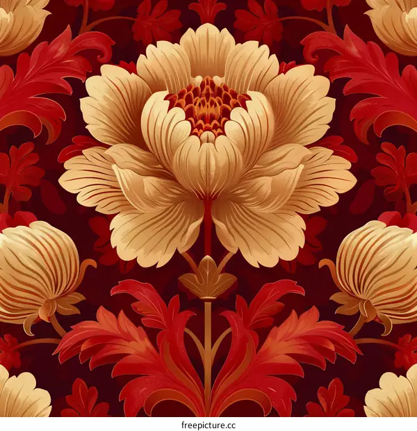 red and gold floral damask seamless pattern
