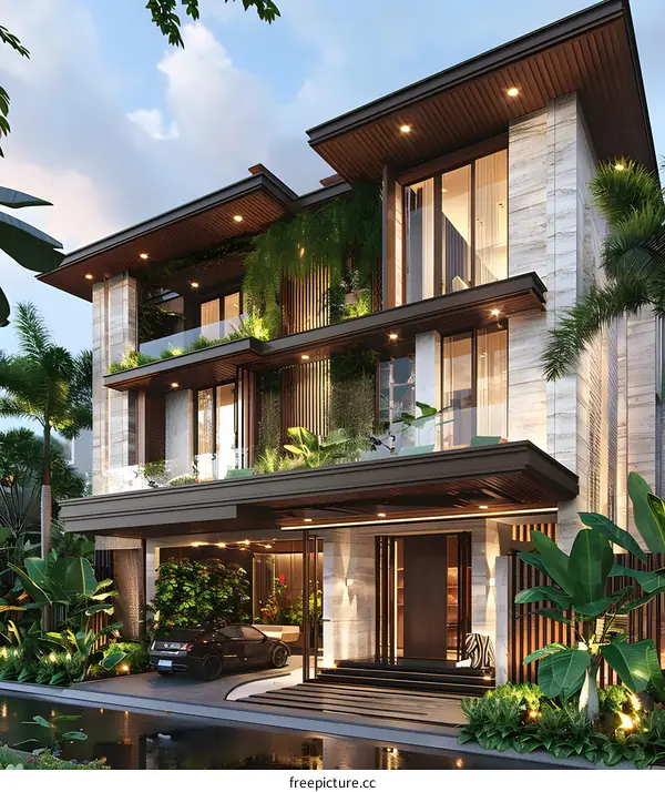 Modern Luxury House Exterior Design with Tropical Plants and a Pool