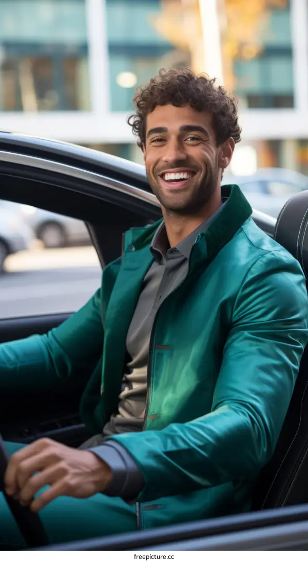 A smiling man with curly hair is sitting in a car.