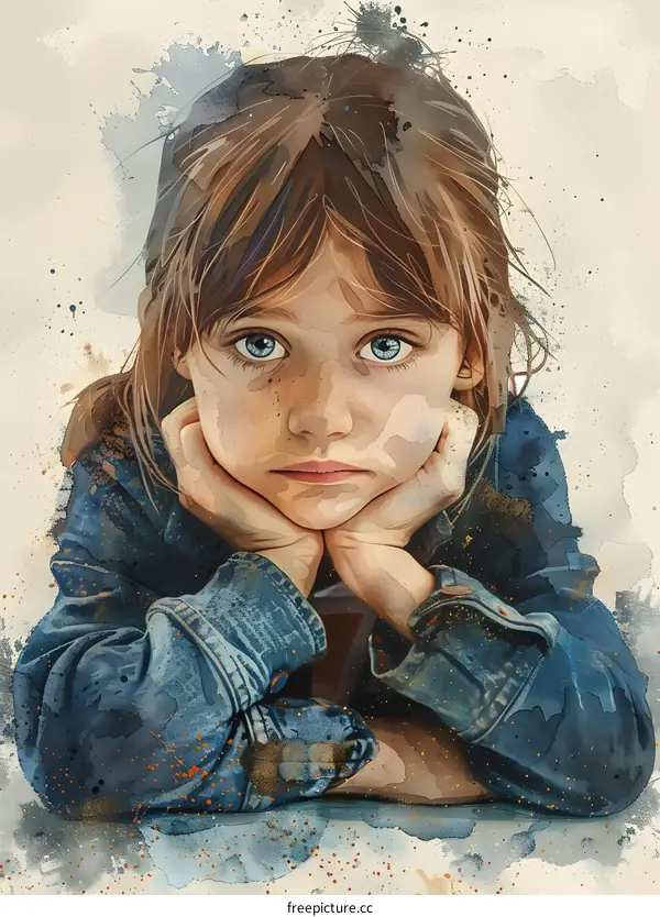 Watercolor Portrait of a Young Girl with Blue Eyes