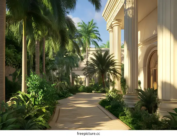 Tropical Garden with White Columns and a Pathway