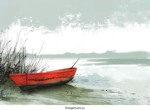 red boat on lake with mountain in the distant background