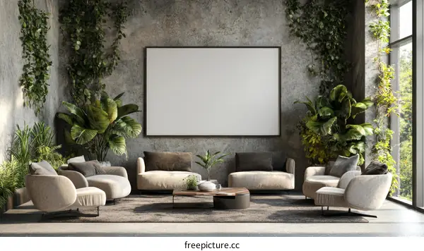 Modern Concrete Living Room Mockup with Plants