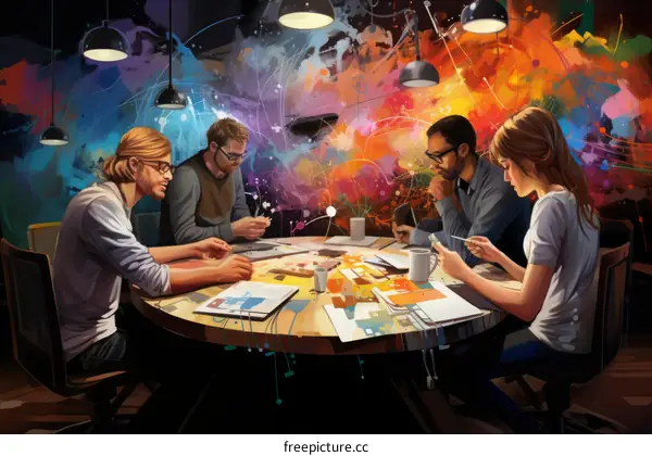 A group of people are sitting around a table having a meeting.