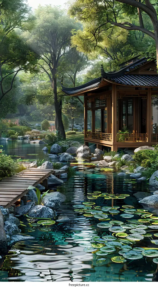 A Chinese Garden Paradise with a Pond, Pavilion, and Bridge