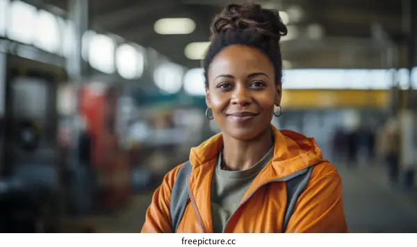 Portrait of a young African-American woman smiling in a warehouse