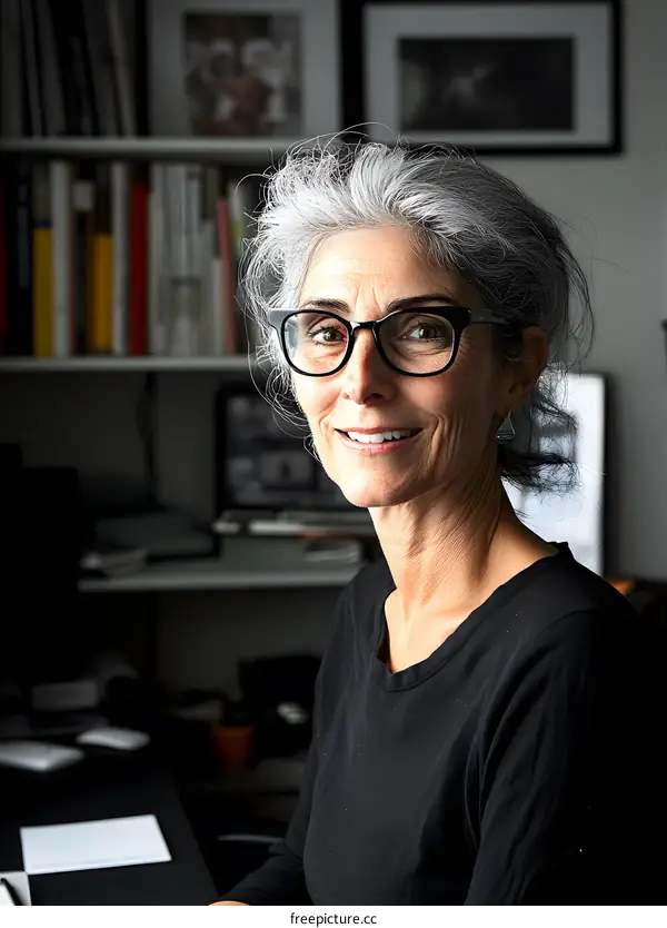 Portrait of a Woman with Gray Hair and Glasses Sitting at a Desk