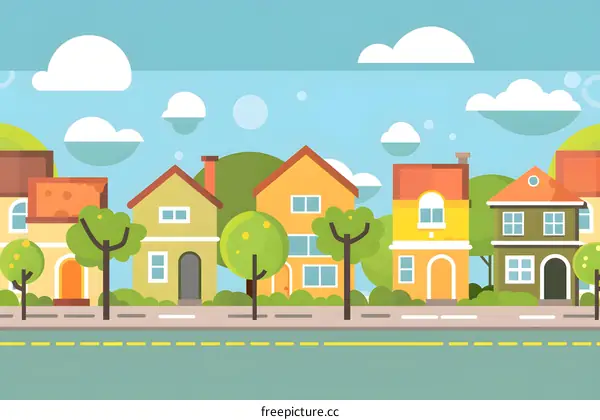 Cartoon Illustration Of A Colorful Suburban Street