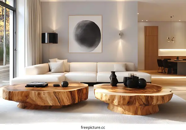 Modern Living Room with Unique Wooden Coffee Table