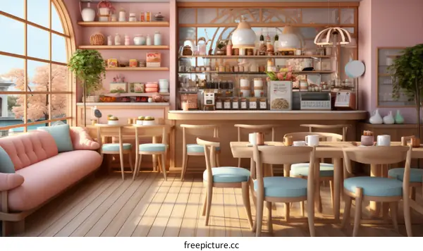 Dreamy pink and blue pastel colored coffee shop interior