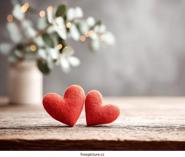 Two Red Hearts on a Wooden Tabletop