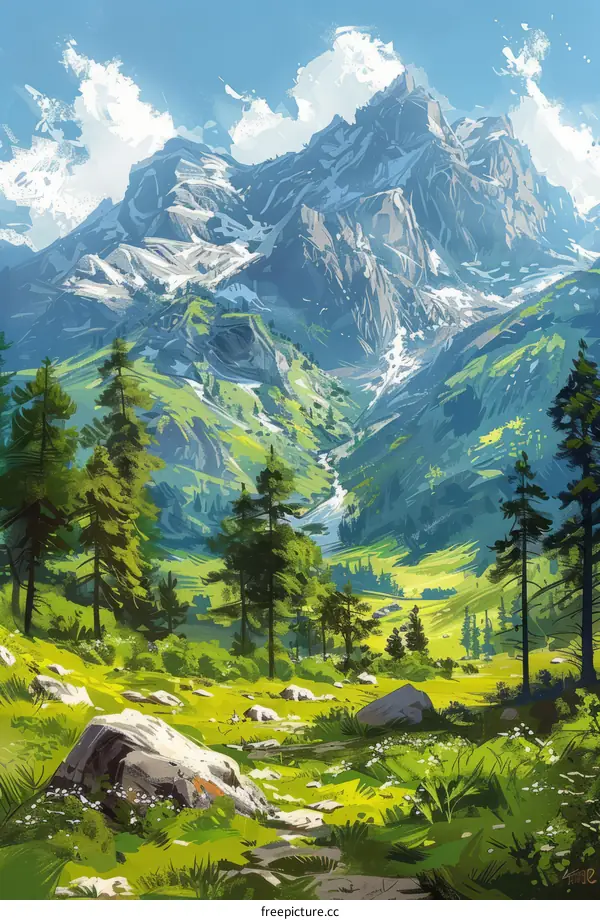 fantasy landscape painting of a mountain valley with a river running through it