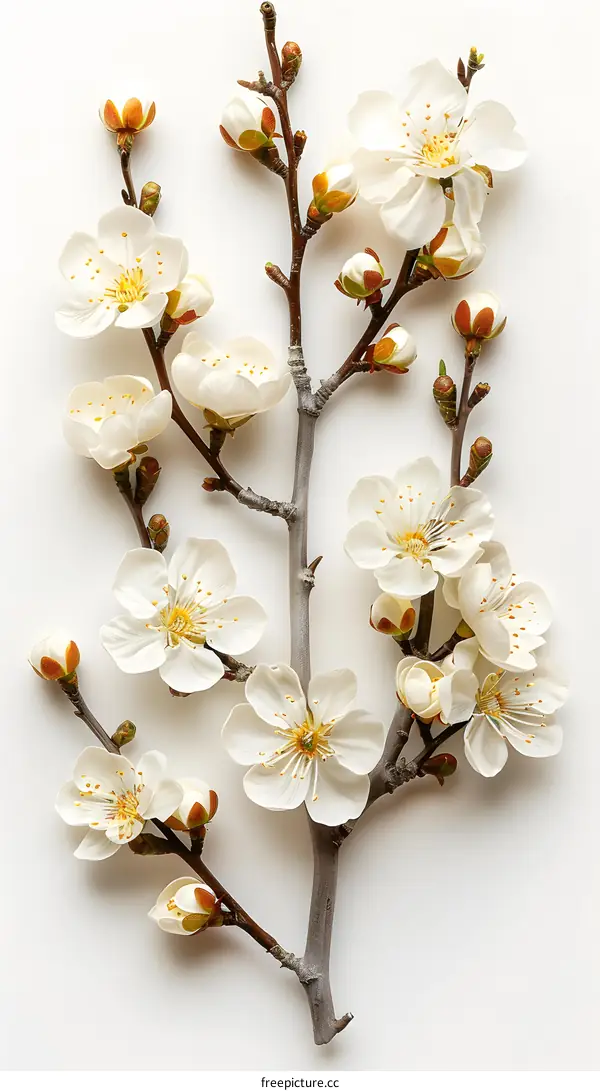 White cherry blossom branch on white background