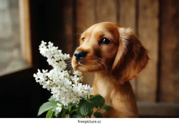 Adorable Puppy with Spring Flowers
