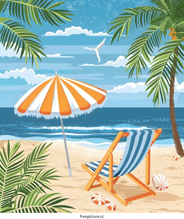 Tropical Beach Vacation Illustration With Striped Beach Umbrella