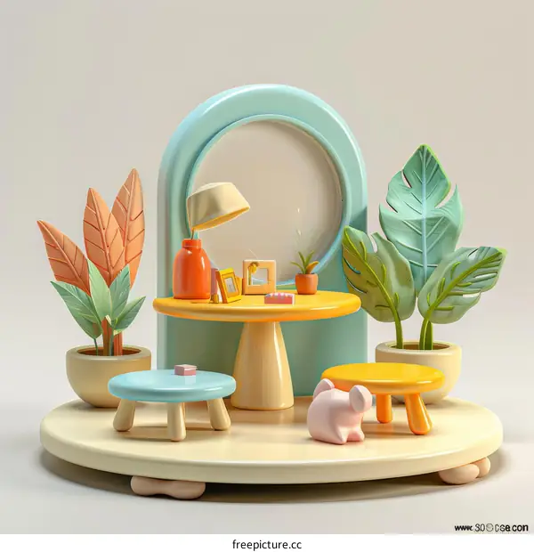 3D illustration of a room with a table, chair, lamp, and plants