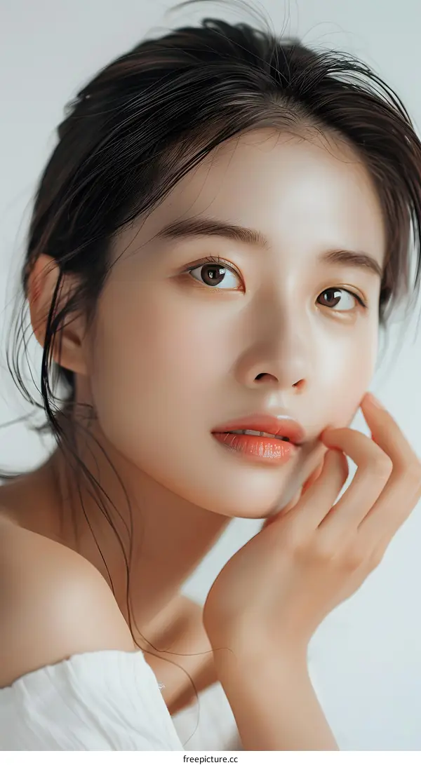Closeup Portrait of Young Asian Woman with Soft Skin and Makeup