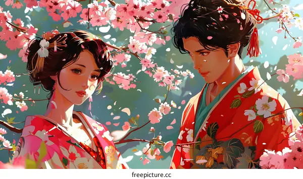 A couple standing under a cherry blossom tree