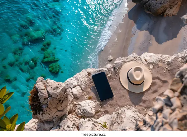 Summer Beach Hat and Phone on Rocks Above Ocean