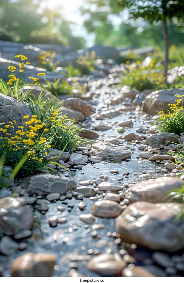 Rocky Landscape with Stream and Yellow Flowers