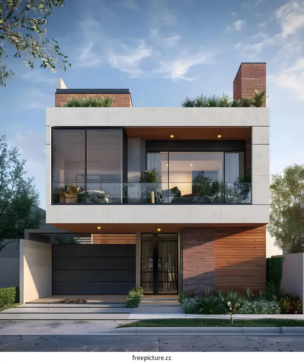 Modern Two Story House with Balcony and Brick Facade