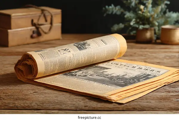 Vintage Newspaper Collection on Rustic Wooden Table