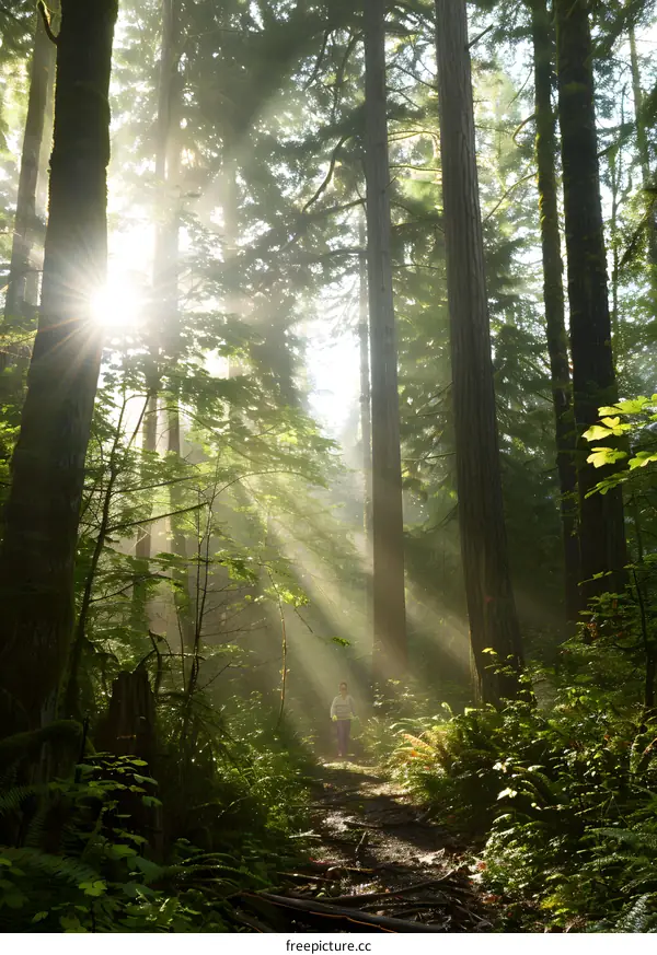 Sunlight Through the Trees in a Foggy Forest