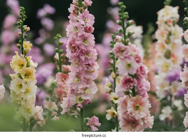 Delicate Pink and Yellow Flowers in a Garden