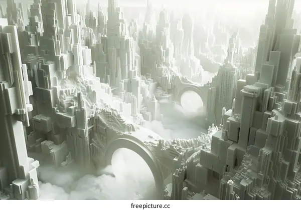 Mist-Shrouded Futuristic City with White Buildings