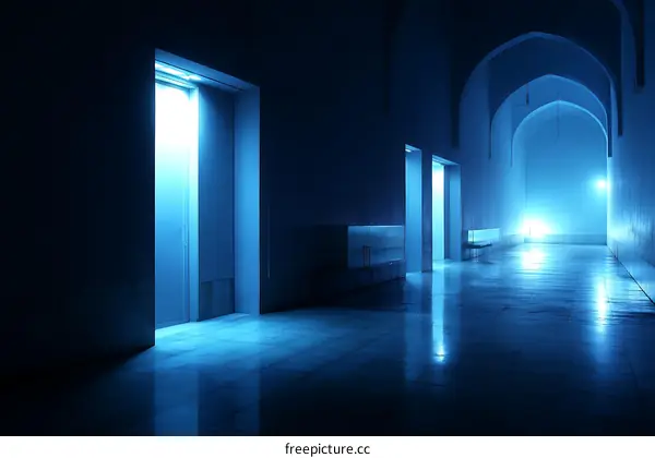 Empty Blue Lit Corridor with Doors