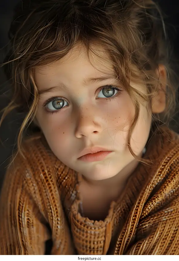 Little girl with green eyes and freckles closeup