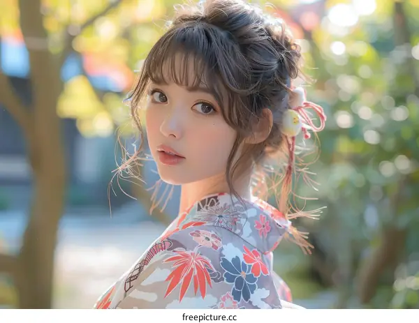 Young Asian Woman in Kimono Looking Back Over Shoulder