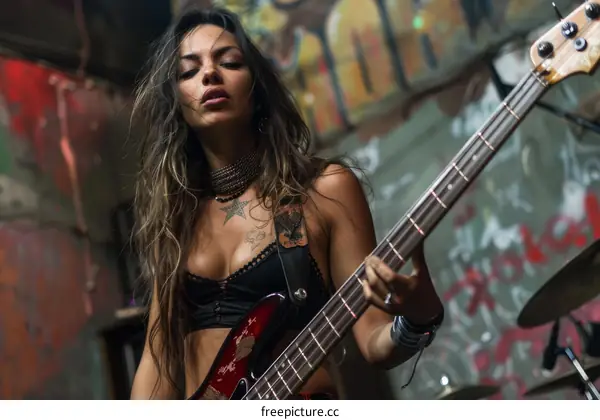 Confident female bass player performing live on stage